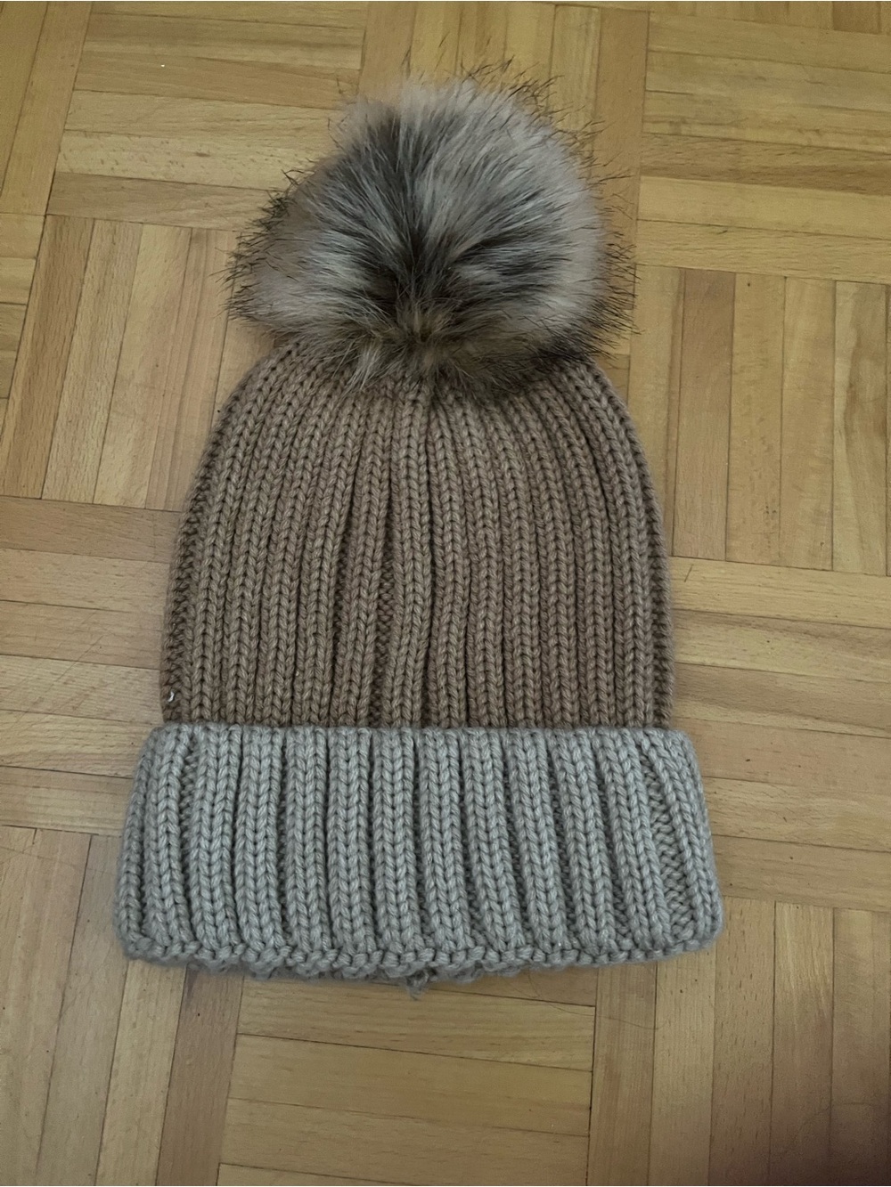 Call It Spring Two-Tone Knit Pom Beanie - Taupe & Light Gray